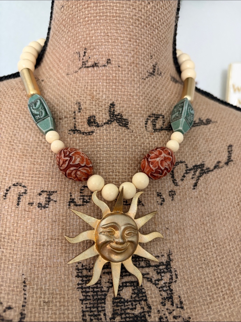 Boho Sun Pendant Necklace in Gold and Cream